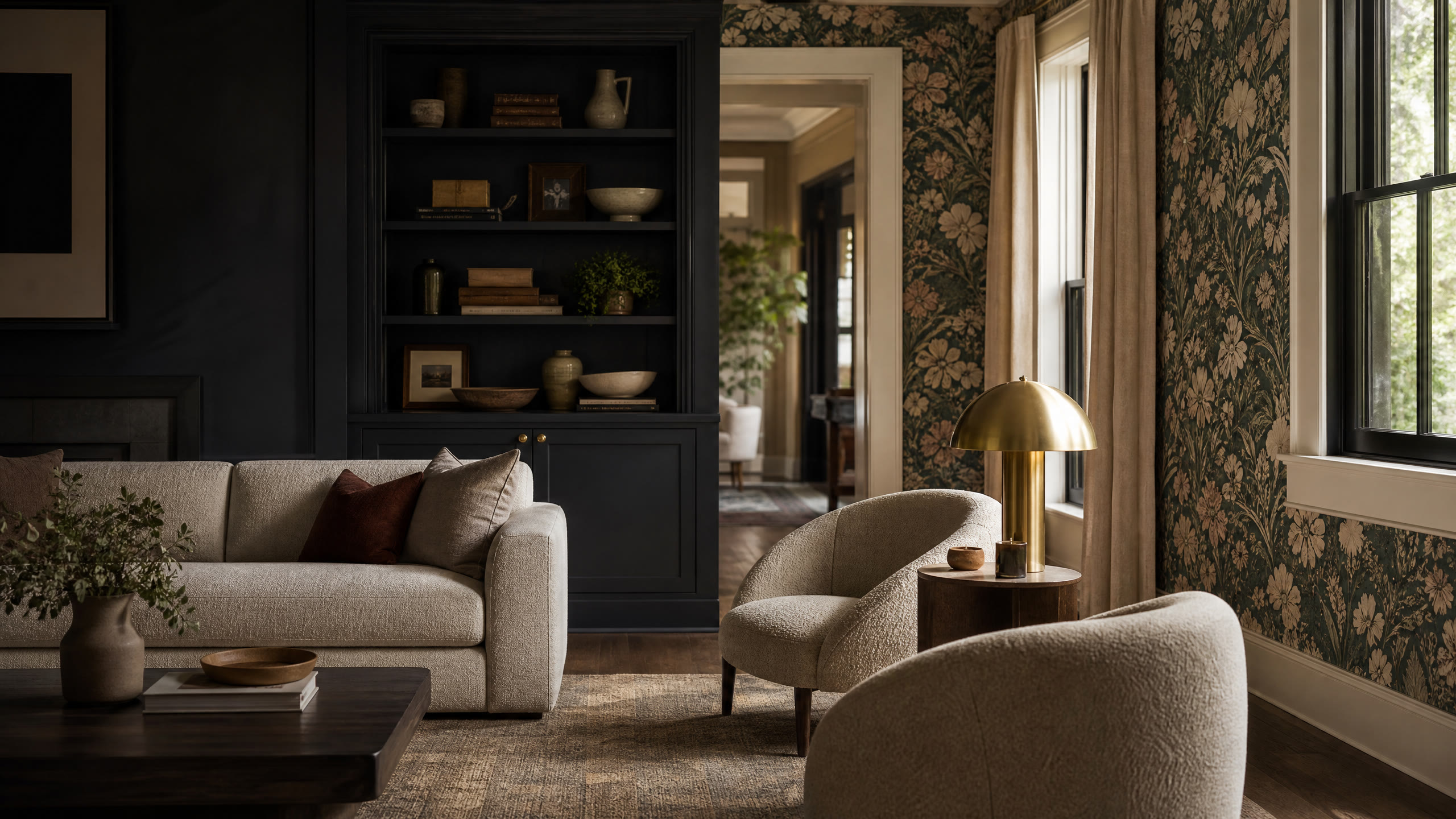 Elegant living room finished with botanical wallpaper and warm natural light
