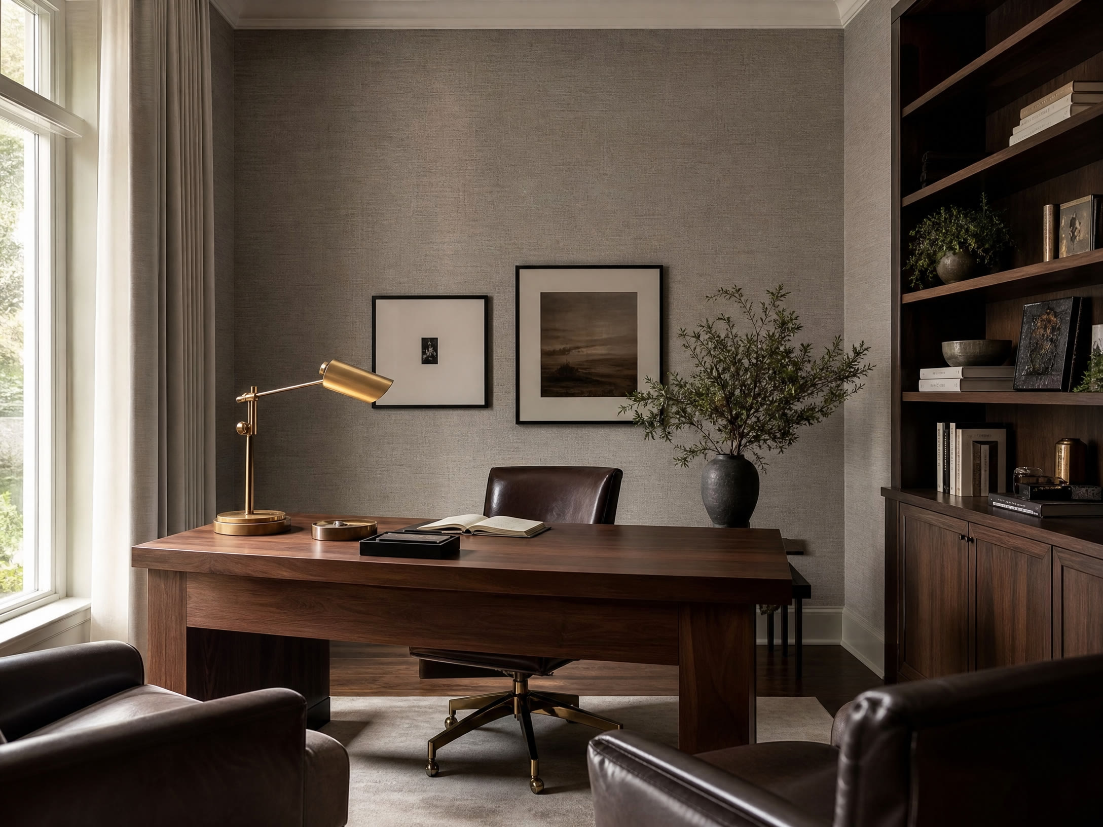 Modern home office with textured warm gray wallpaper and walnut desk