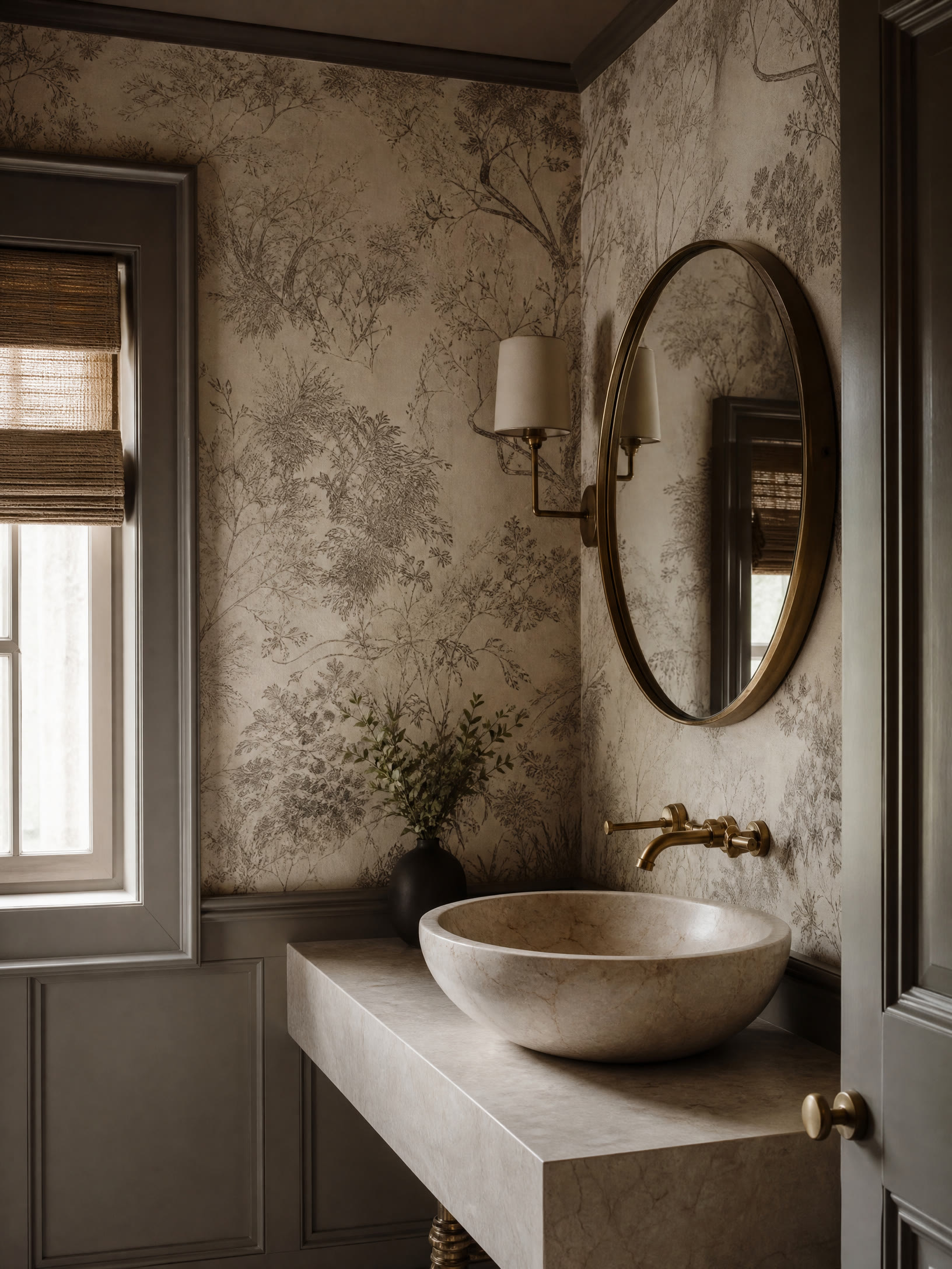 Luxury powder room with layered textured wallpaper and brass details